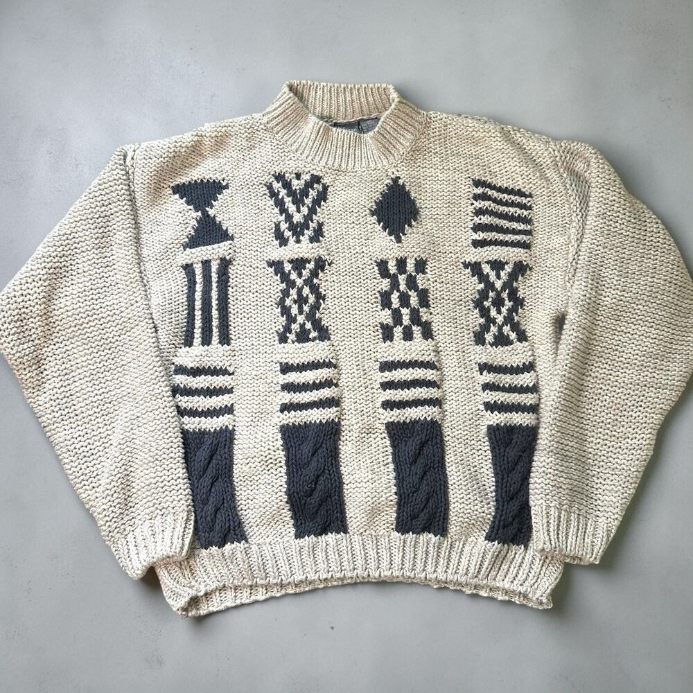Vintage Grandpa Core Sweater Chunky Knit Geometric Aderro Mens M